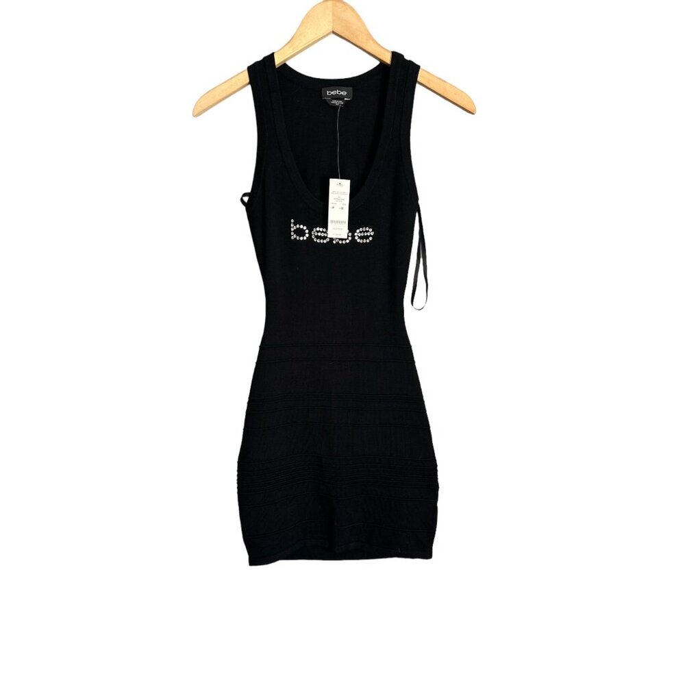 Bebe  Women's Black logo dress part open back NWT Little black dress Swarovski j